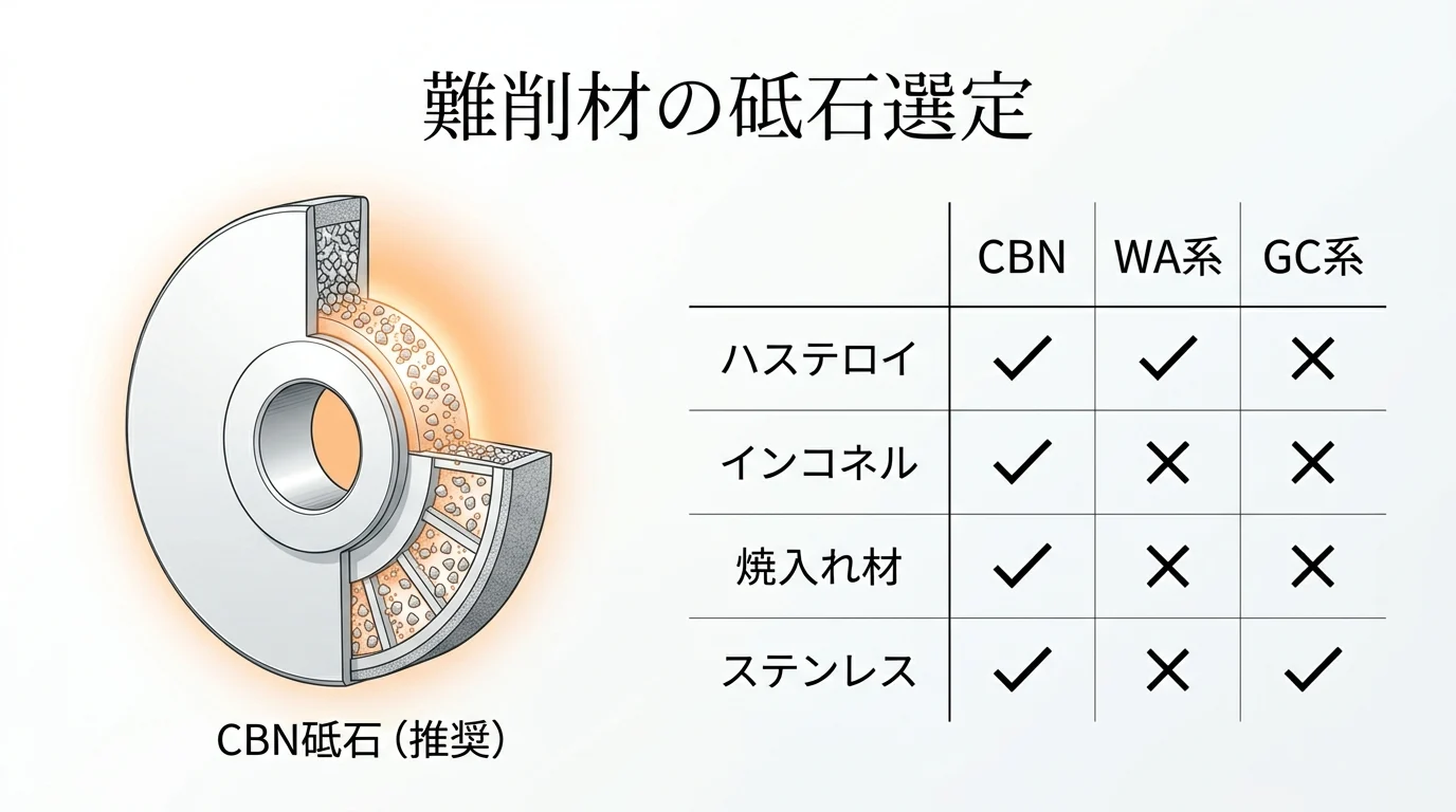 難削材の砥石選定マトリクス：CBN・WA系・GC系の比較表