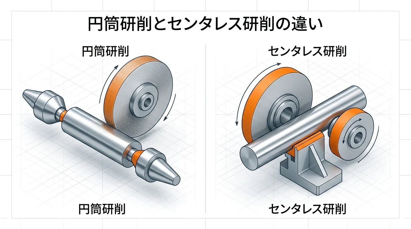 円筒研削とセンタレス研削の違いを示す技術図解