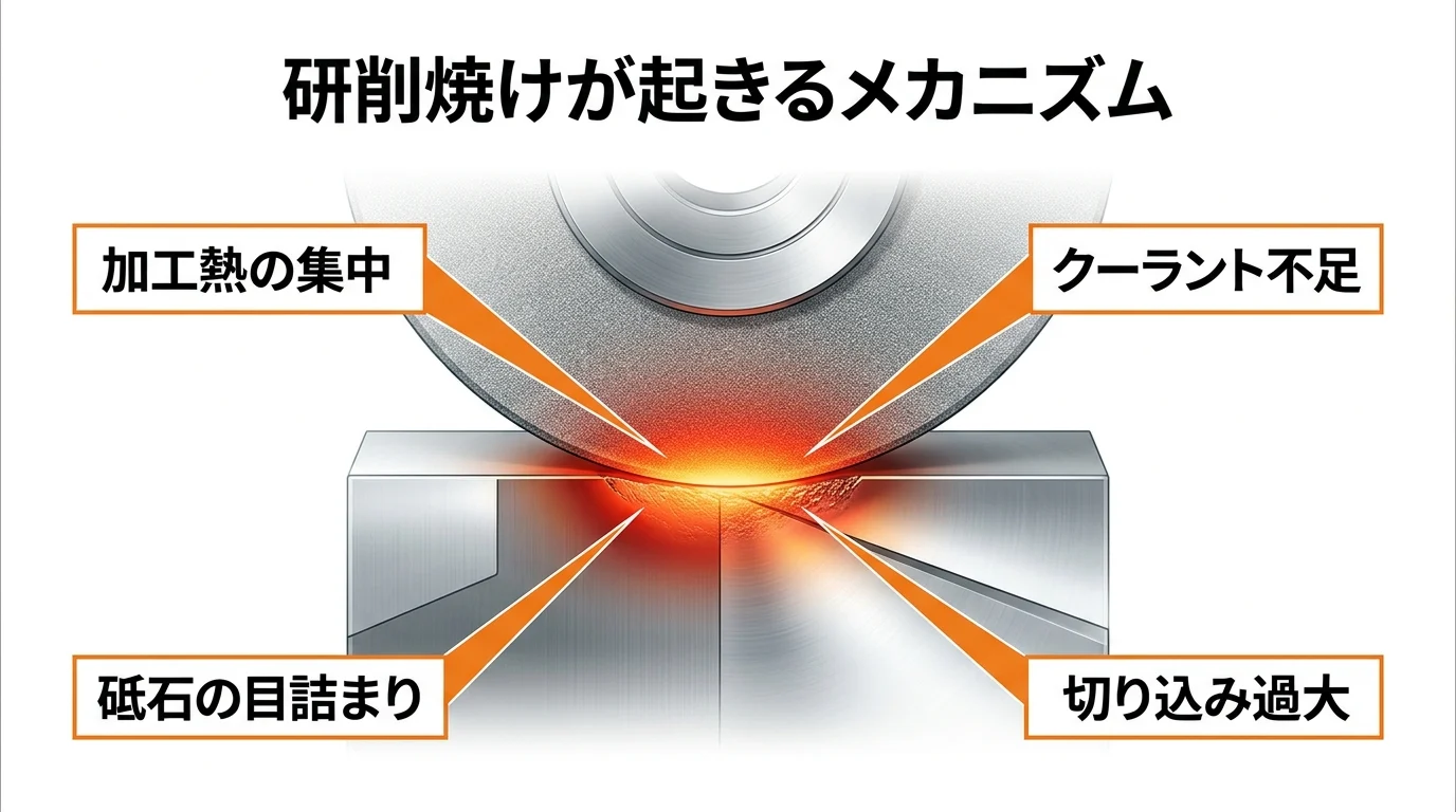 研削焼けが起きるメカニズム：加工熱の集中・クーラント不足・砥石の目詰まり・切り込み過大の4要因