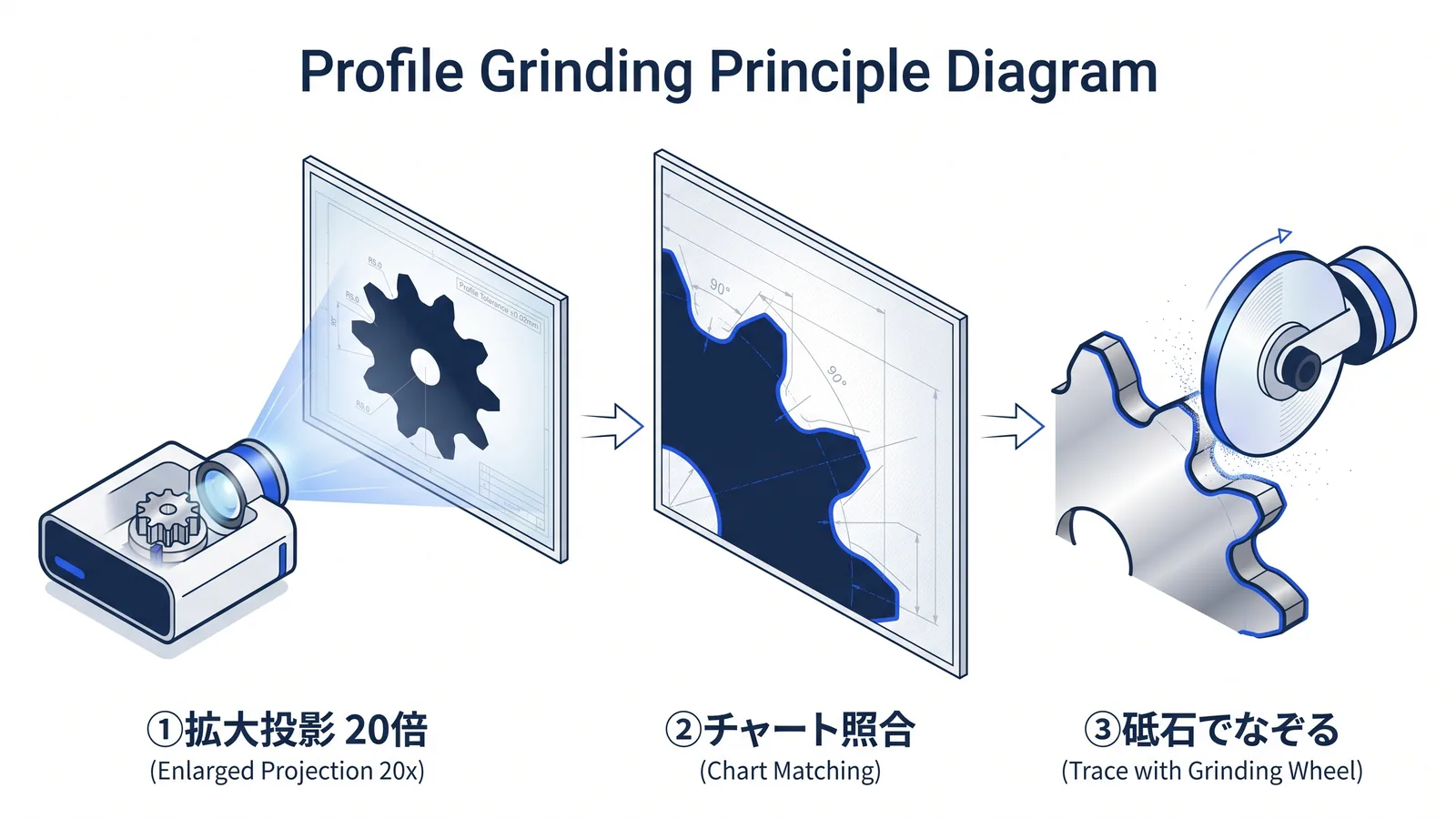 プロファイル研削の原理:ワークを投影機で20倍に拡大しチャートと重ね、細い砥石で輪郭をなぞって削る流れ