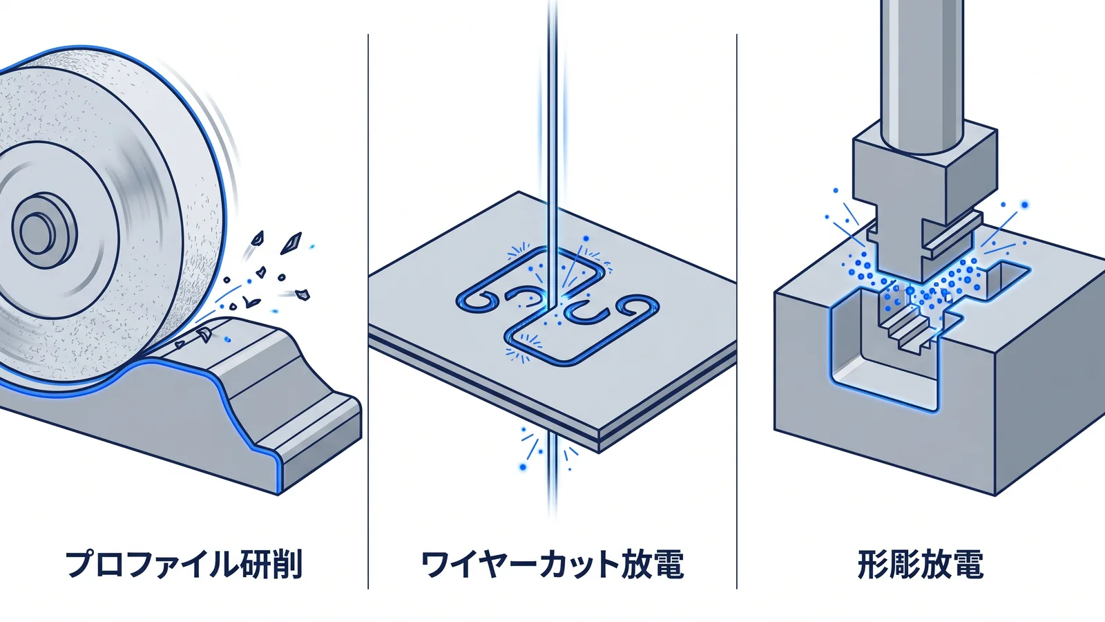 プロファイル研削・ワイヤーカット放電・形彫放電の原理の違いを示す比較図